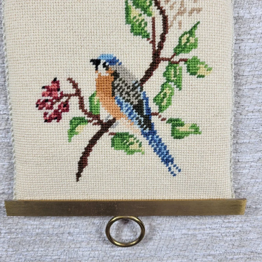 Vintage Crewel Needlework Birds Vines Wall Hanging Pantry Butler Pull